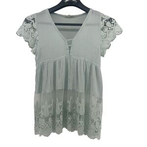 Babydoll Top Women's Medium Green‎ Crochet Festival Cottagecore Boho Lace Sheer